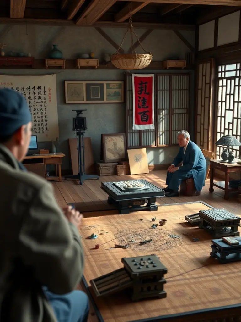 A scene from an AI-generated documentary exploring the history of Chinese puzzles and games, featuring interviews with experts and animated recreations of historical events, highlighting the platform's educational content.