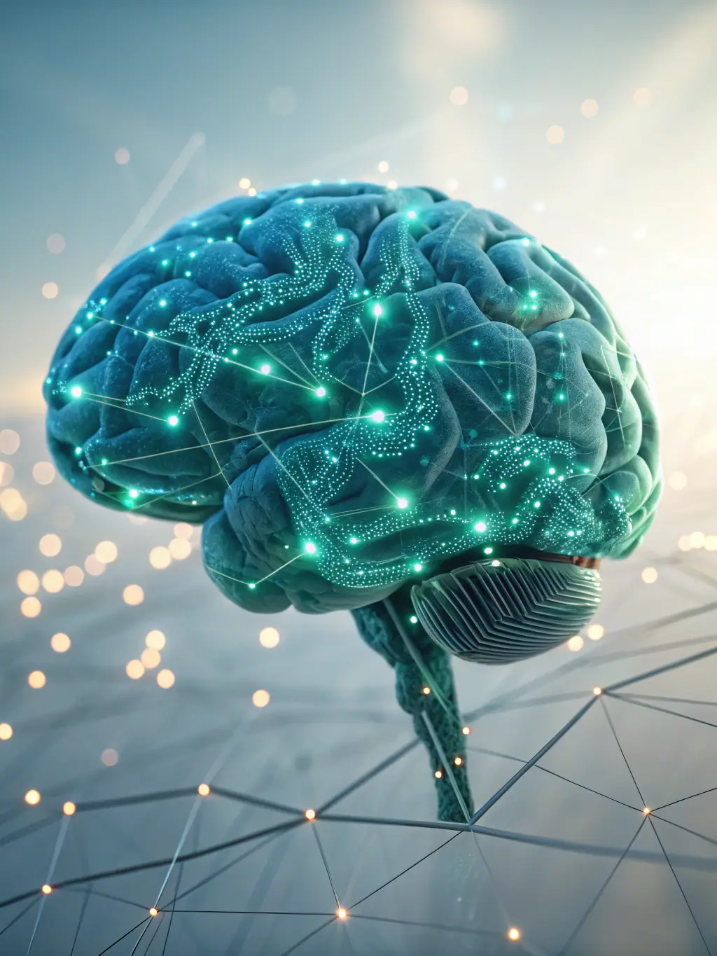 A serene image depicting a stylized brain with interconnected nodes, representing AI's role in understanding and addressing psychological concerns related to sexuality.