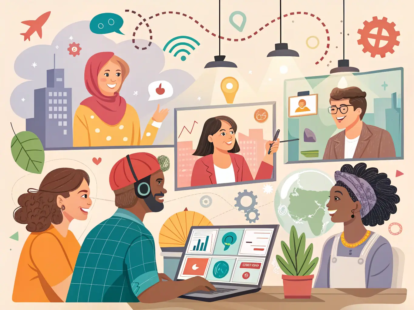 A vibrant and dynamic image of users interacting with their AI companions in a virtual community space, showcasing the social and interactive aspects of the AI companionship feature.