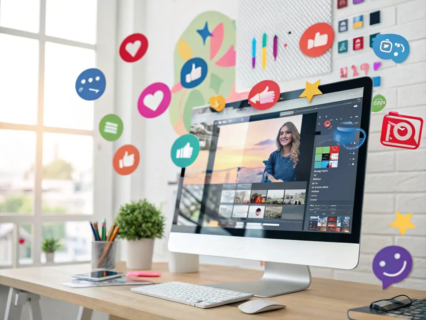 A creative image illustrating AI-driven artistic effects and filters, showcasing the software's ability to transform ordinary photos and videos into unique and visually stunning pieces of art for social media sharing and engagement.
