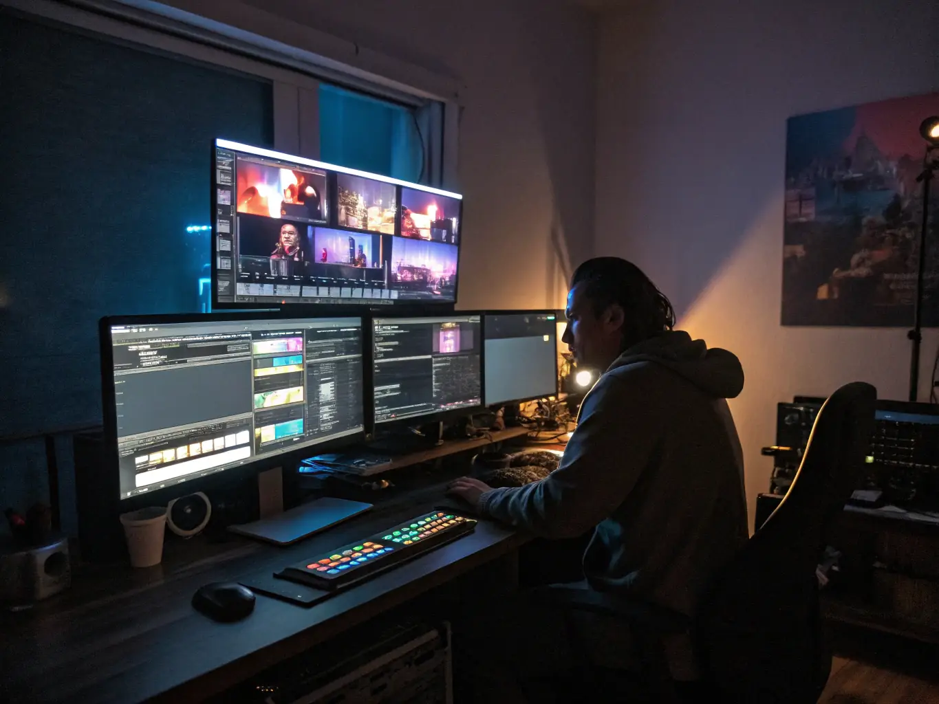 A dynamic image displaying AI-powered video editing features, such as automatic scene detection, object removal, and style transfer, highlighting the software's ability to streamline the video editing process for content creators.