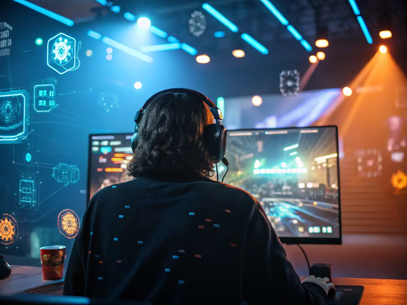 An image depicting a streamer using AI tools to enhance their live broadcast, with visual effects and interactive elements.