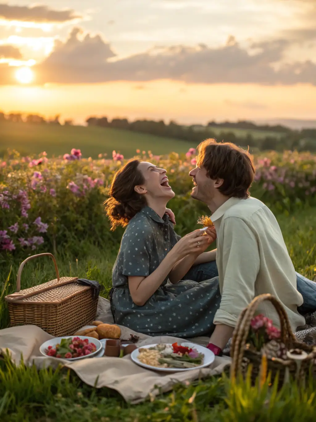 A scene from an AI-created romantic drama, depicting a tender moment between two characters in a beautifully rendered natural setting, highlighting the emotional depth of AI storytelling.