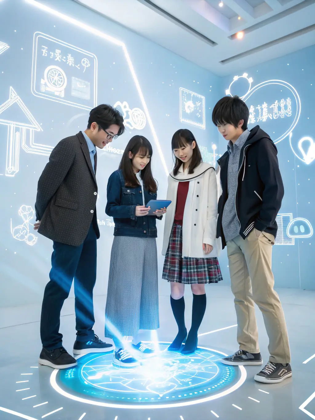 A promotional image for an AI-generated TV series featuring a group of friends using their combined knowledge to solve mysteries in a modern Chinese city, highlighting the platform's diverse content.